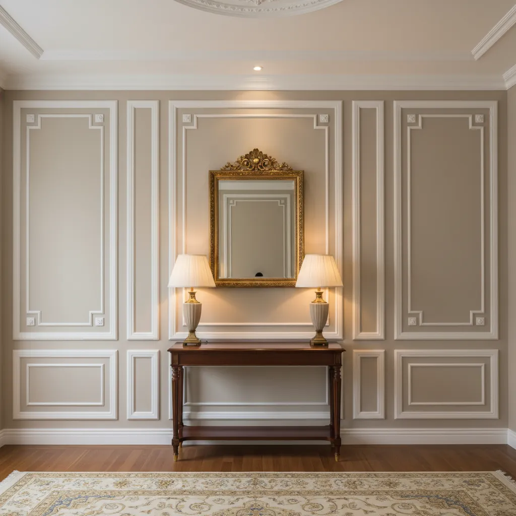 decorative wall panels and crown molding created using extruded profiles in a classic interior