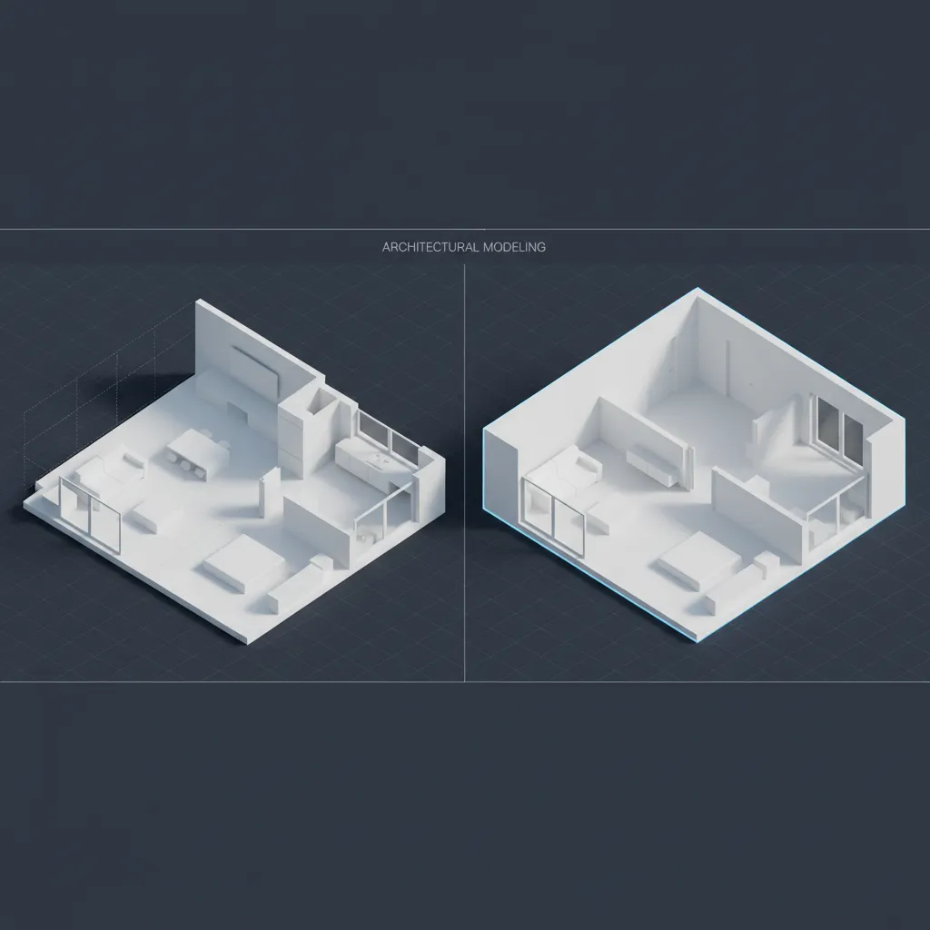 3D architectural model showing walls extruded upward from a 2D floor plan