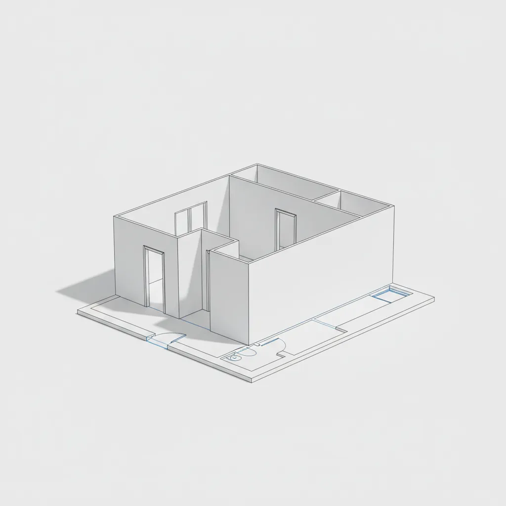 Example of extrusion modeling converting 2D floor plan walls into 3D structures