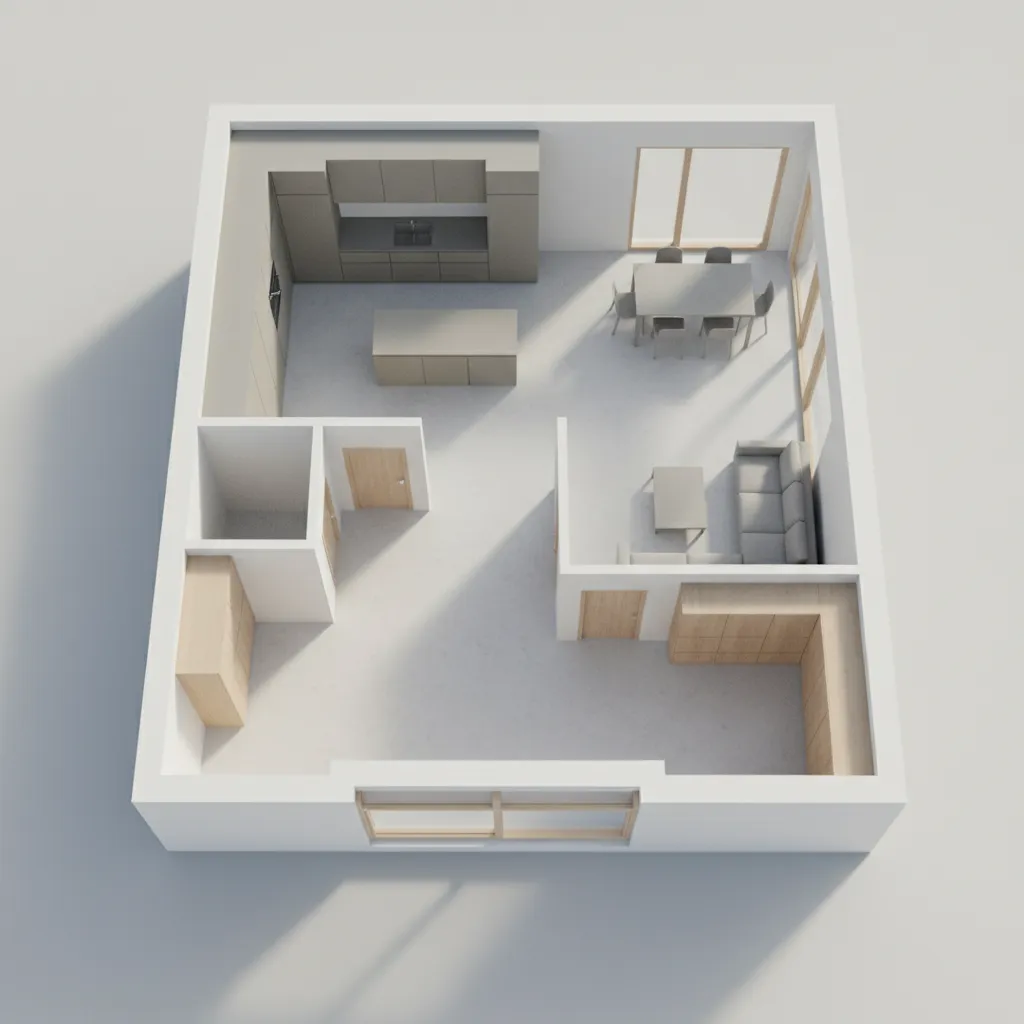 3D top-down room layout showing modern kitchen island plus dining area and small living room