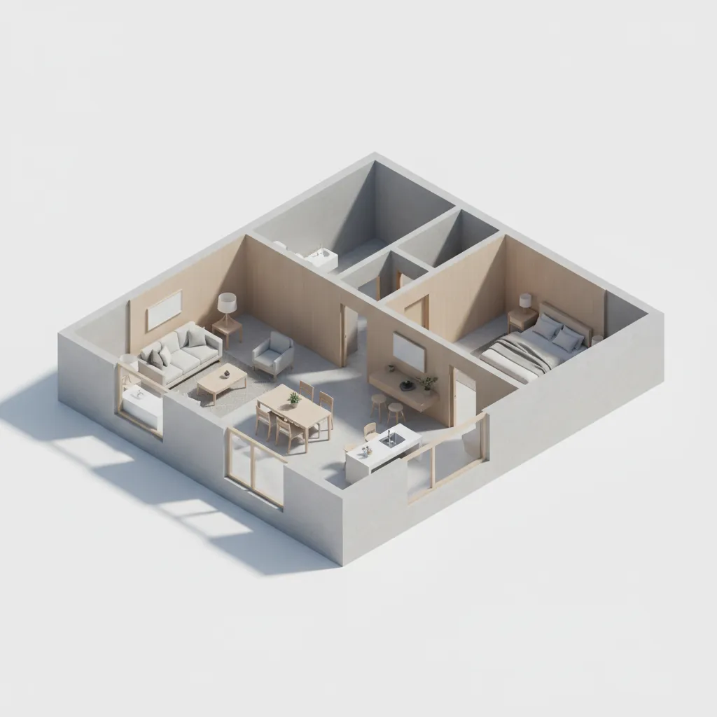 Simple residential house floor plan extruded into a basic 3D building structure