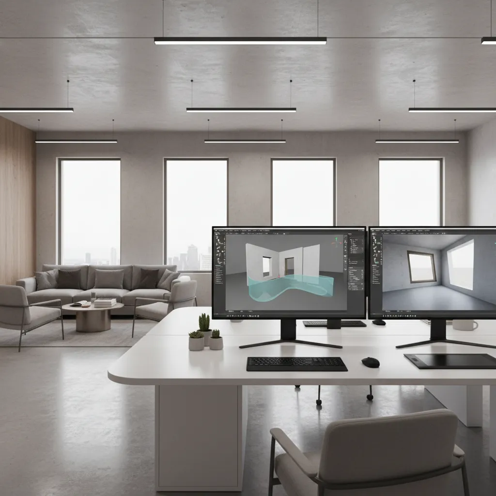 Dual monitors on office desk showing interior design software with a sofa and large windows
