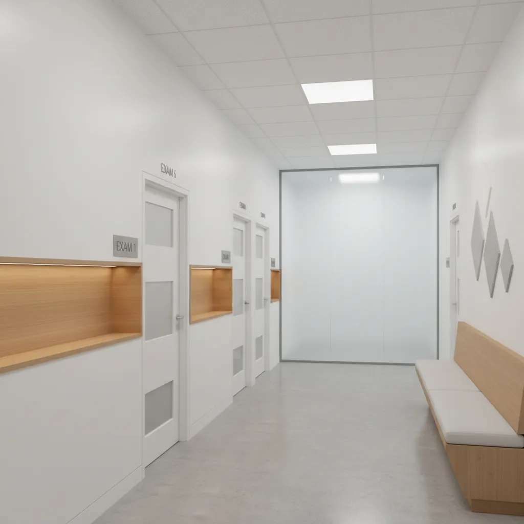 Corridor with multiple ophthalmology exam rooms in clinic layout