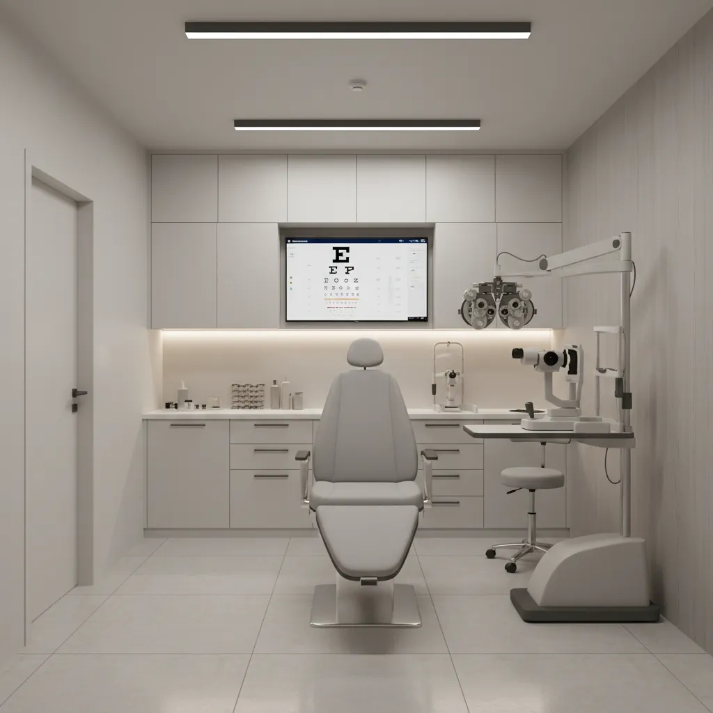 Modern ophthalmology exam room with patient chair and slit lamp equipment