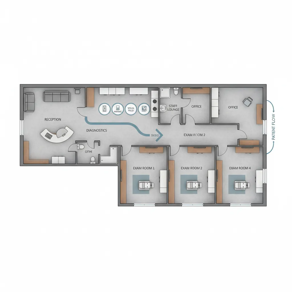 Eye clinic floor layout showing patient flow from reception to exam rooms