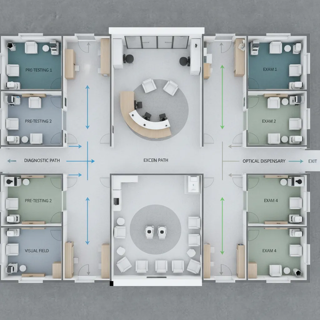 Clinic floor layout showing patient movement from reception to exam rooms