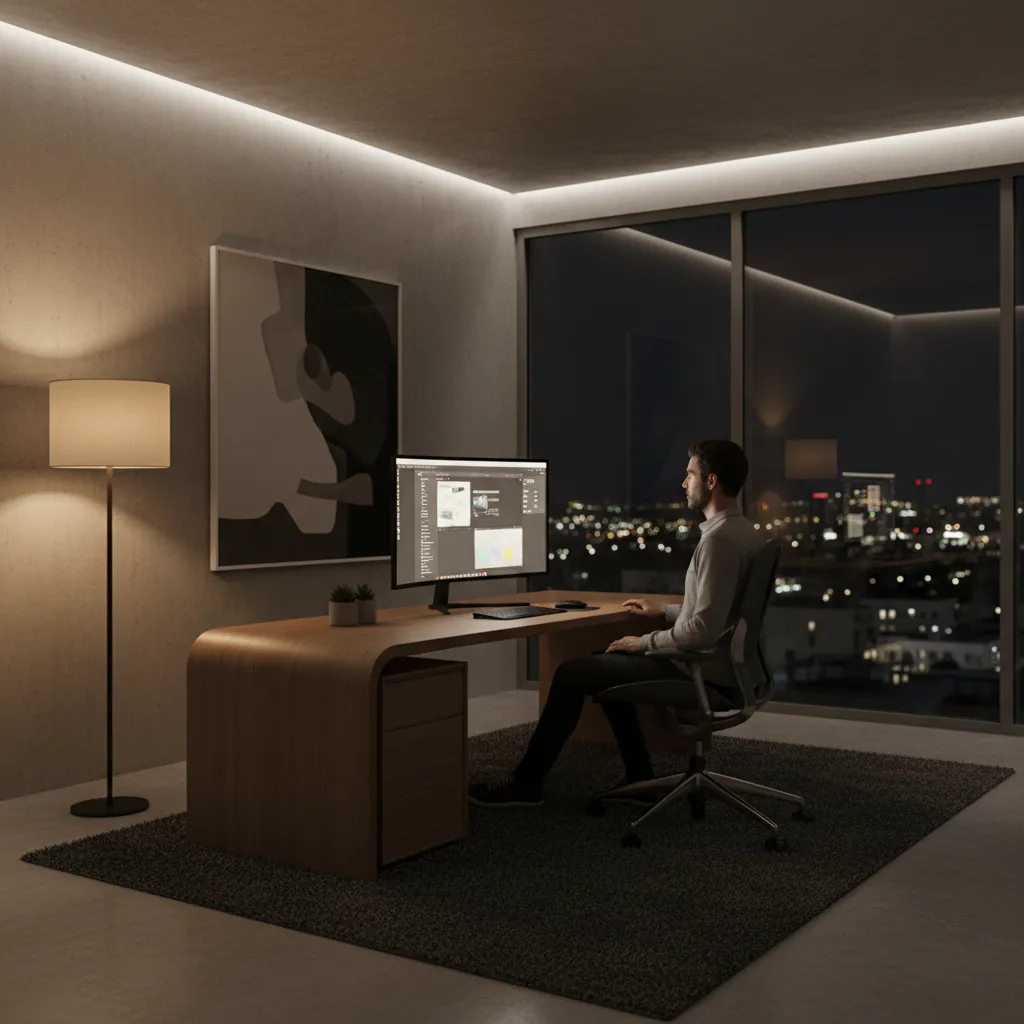 Designer working at night with warm screen lighting and comfortable desk setup