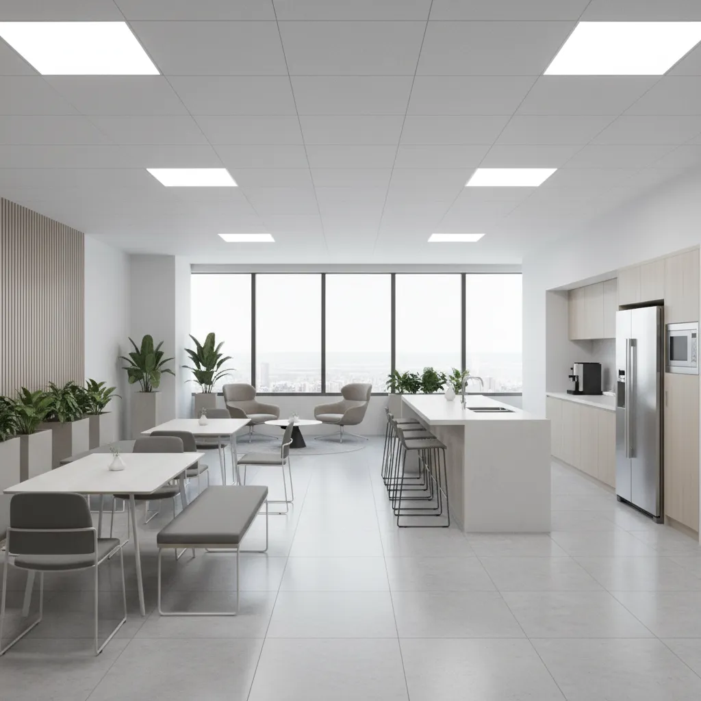 Break room with very bright cool lighting creating harsh atmosphere