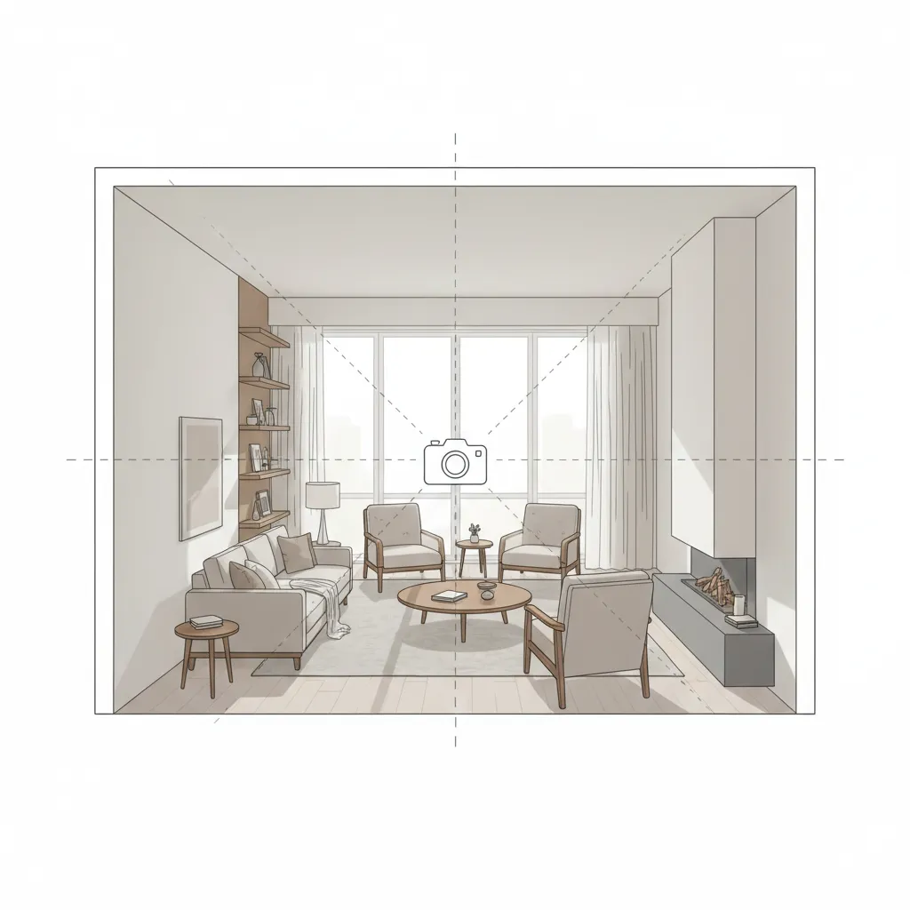 diagram showing eye level camera placement inside a living room for 360 render accuracy