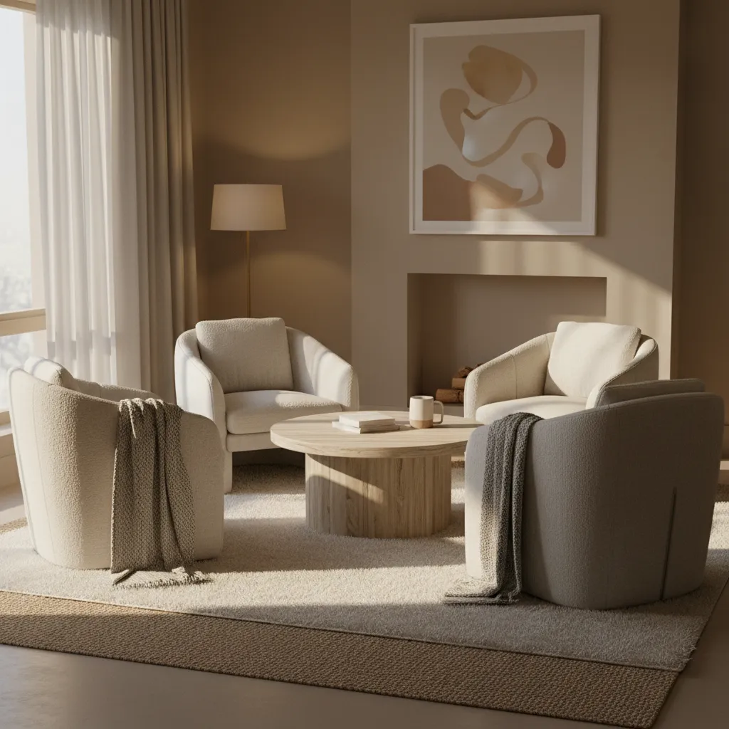 Textured fabric accent chairs creating a cozy conversation seating area