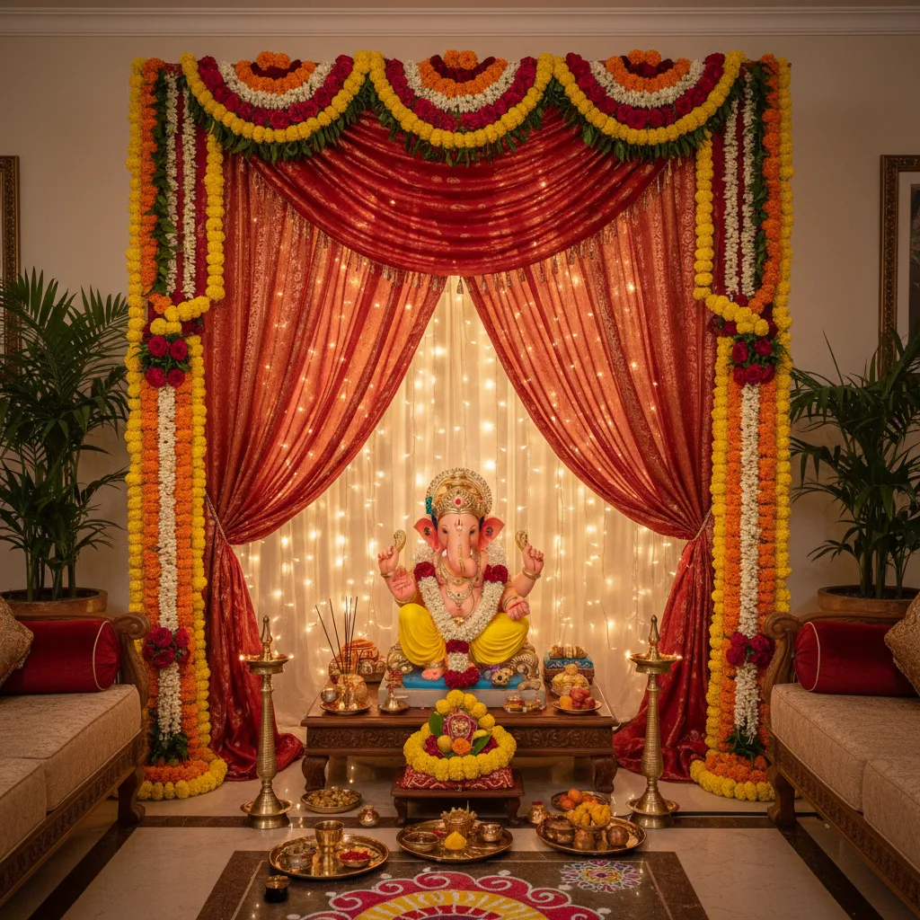 Ganesh decoration with layered fabric backdrop and flower garlands