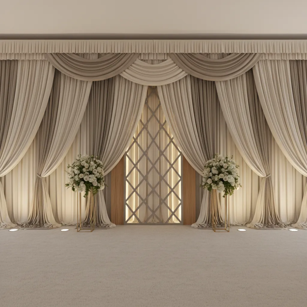 stage with elegant fabric drape backdrop and soft lighting