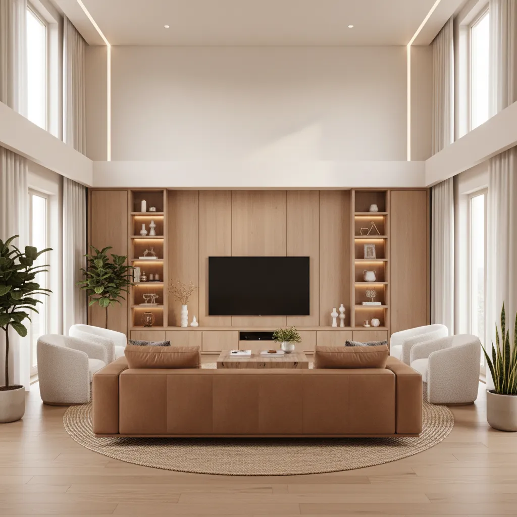 Fabric accent chairs paired with leather sofa in modern living room