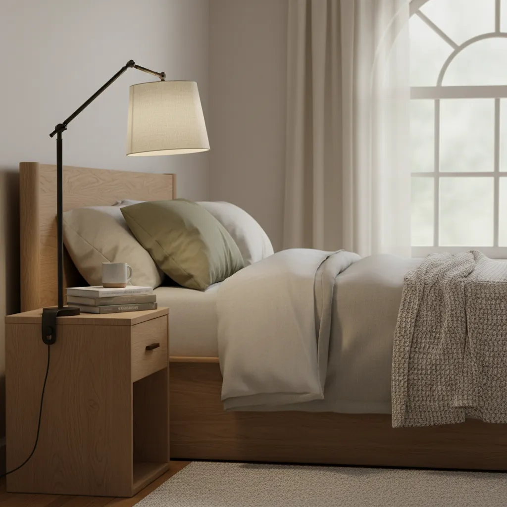 fabric clip on lampshade producing warm diffused light in bedroom