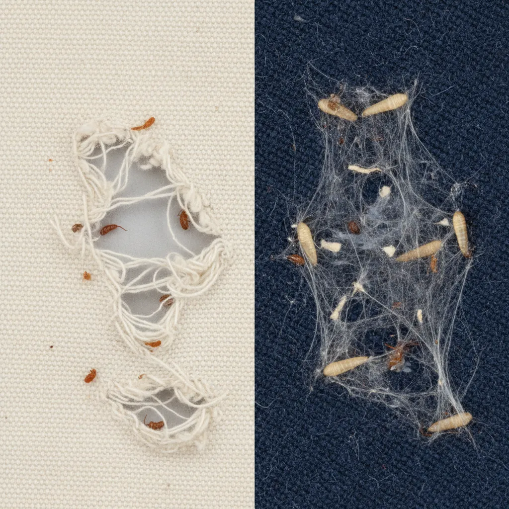 comparison of irregular holes from carpet beetles and webbing damage from clothes moths