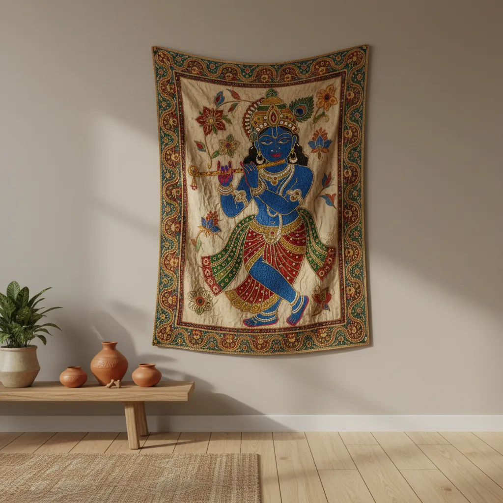 handmade fabric Krishna wall hanging with embroidery and colorful textile background