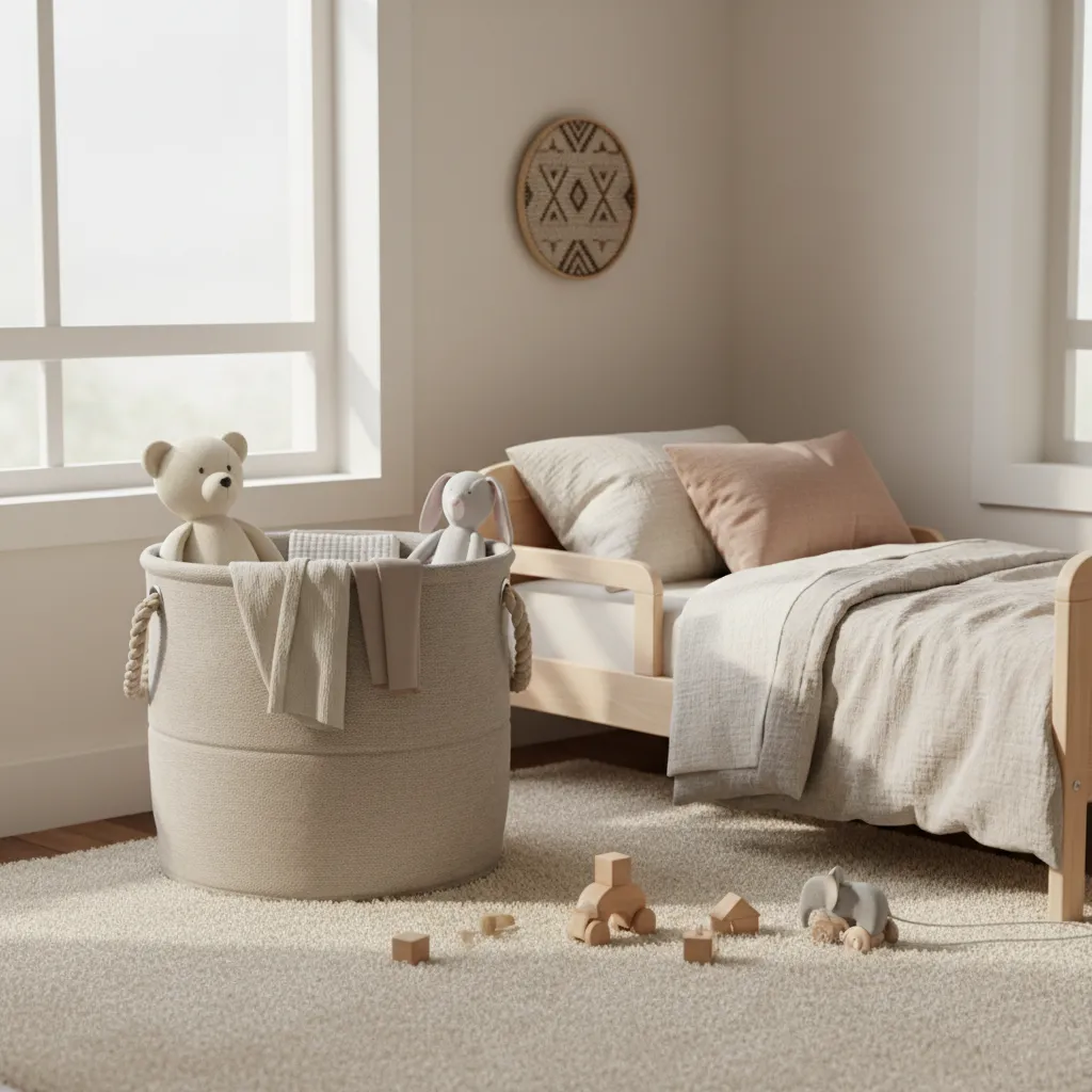 Soft fabric laundry basket in a children's bedroom corner