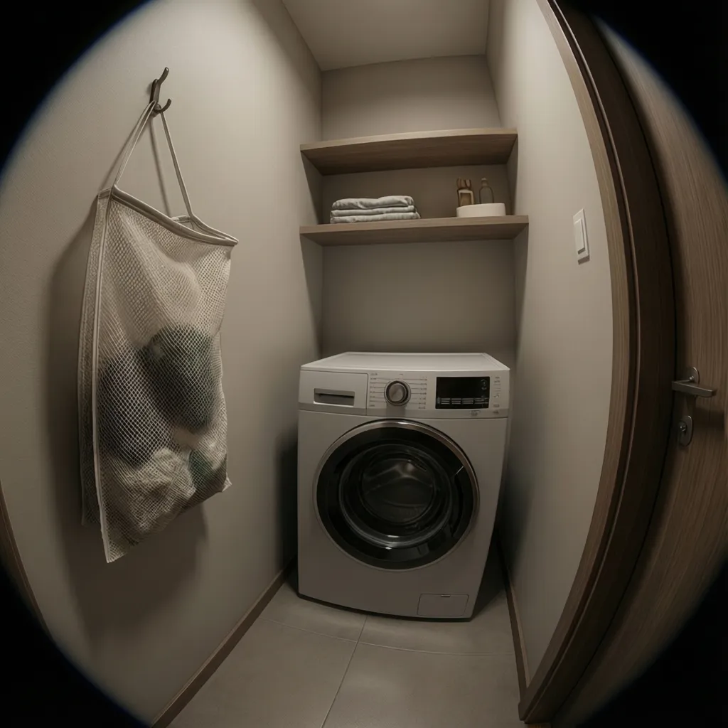 mesh lint storage bag hanging on wall beside compact dryer