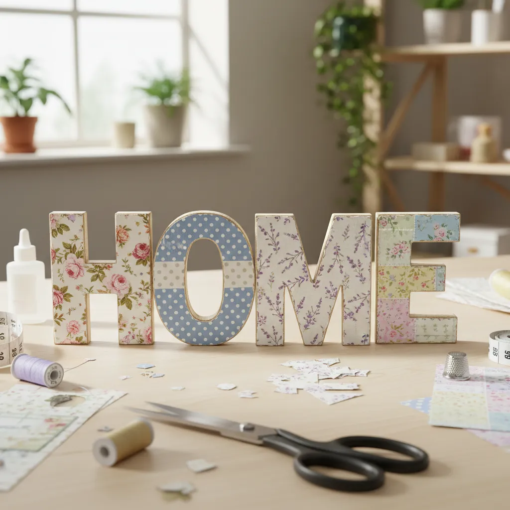 wooden letters decorated with patterned fabric and scrapbook paper