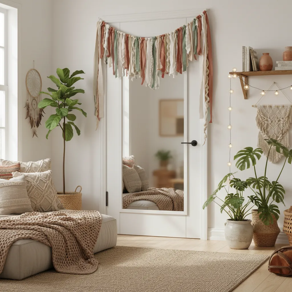 Mirror decorated with soft ribbon and fabric accents on the top edge