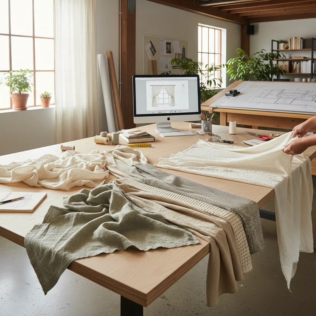Hands touching fabric samples on a wooden desk with a computer showing interior design drawings
