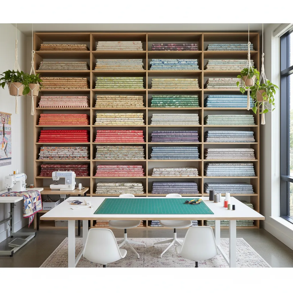 Estanterías con telas organizadas en un taller de costura