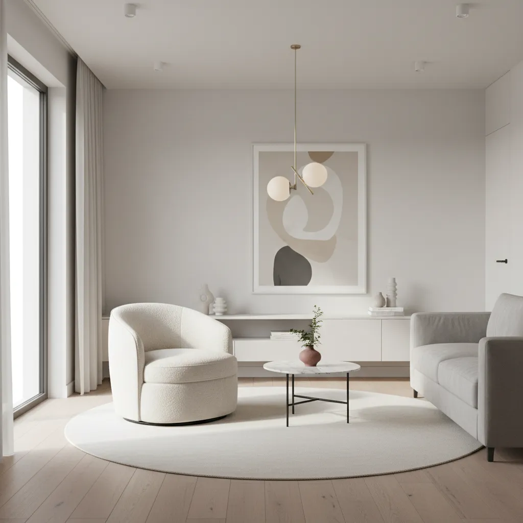 light fabric swivel chair in a compact modern living room
