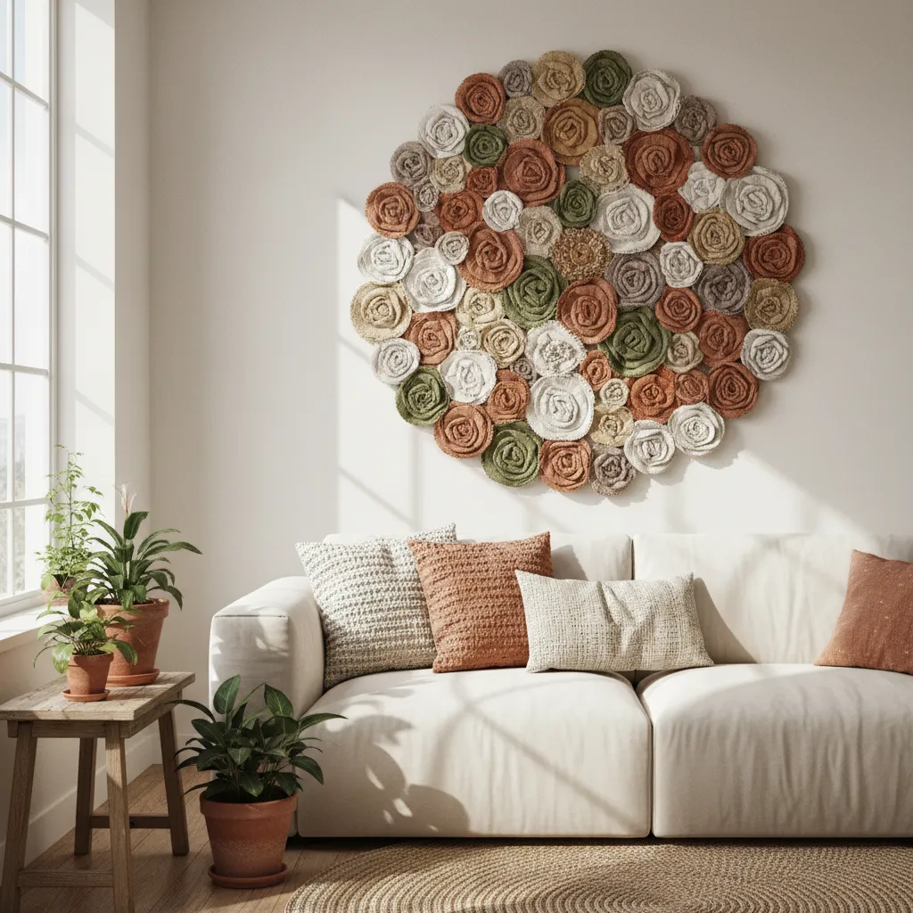 Soft textile fabric rosette wall hanging decor with layered textures