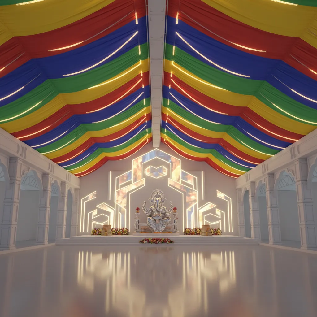 Ganpati pandal decorated with colorful tensioned fabric panels and lighting