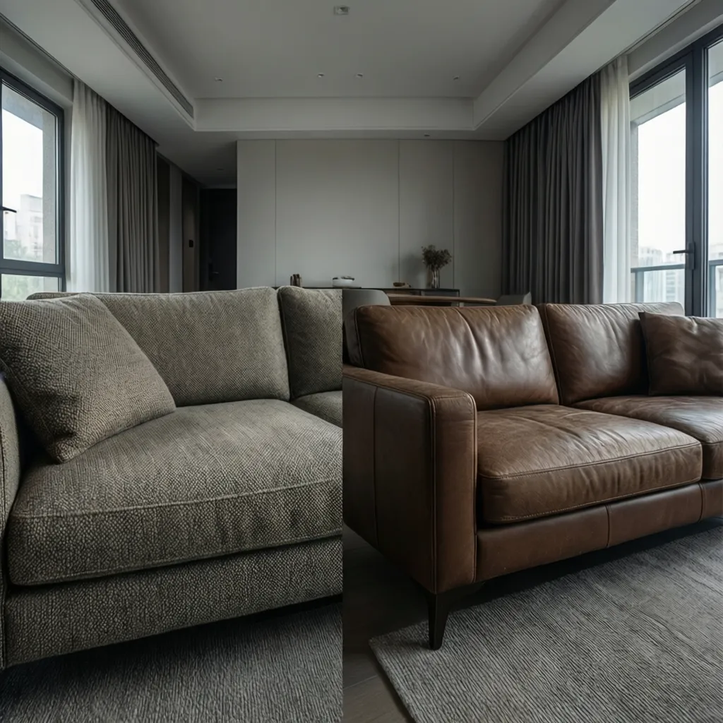 comparison of fabric sofa and leather sofa styles in modern living room interiors