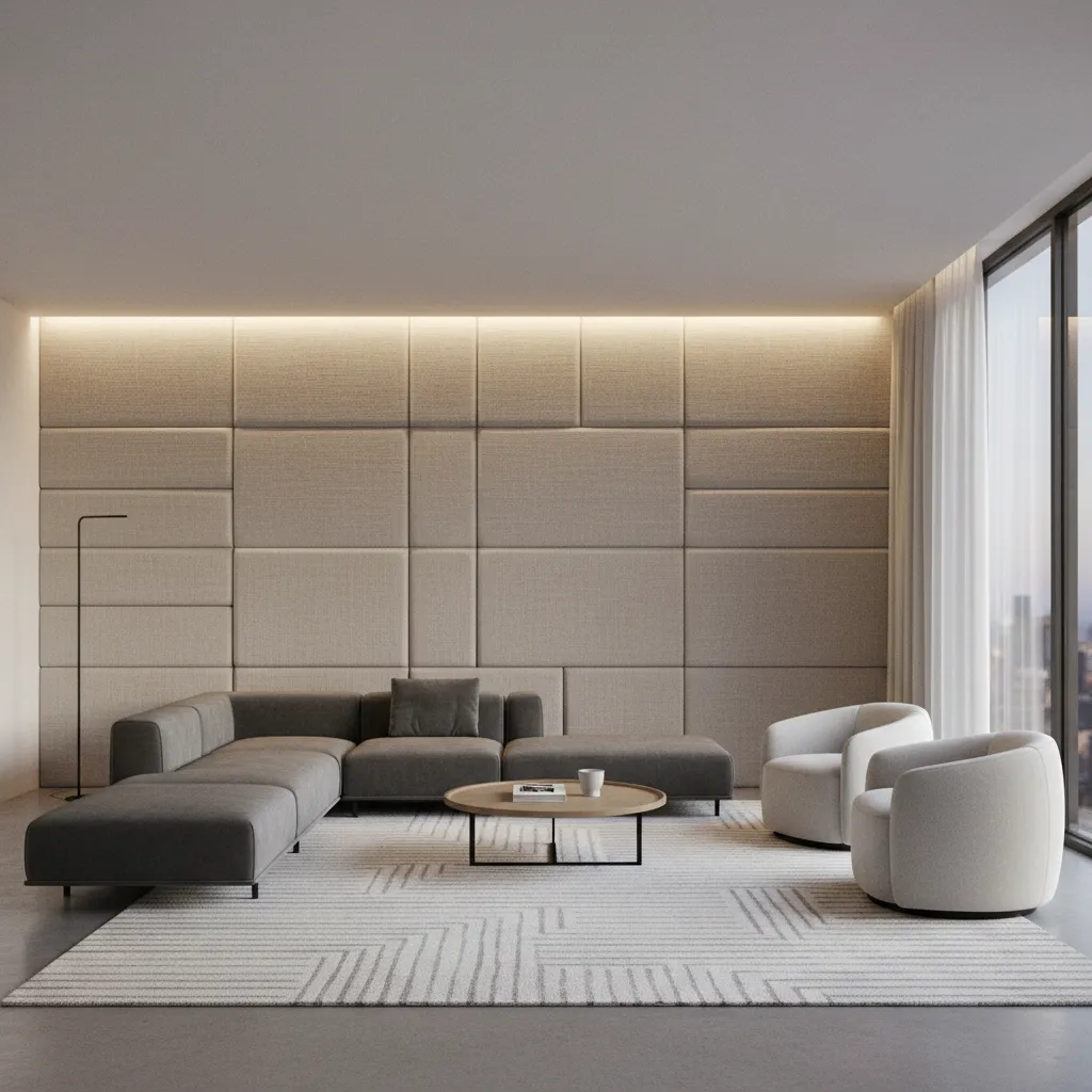 Modern living room with grey sofa round coffee table armchairs rug and beige wall panels