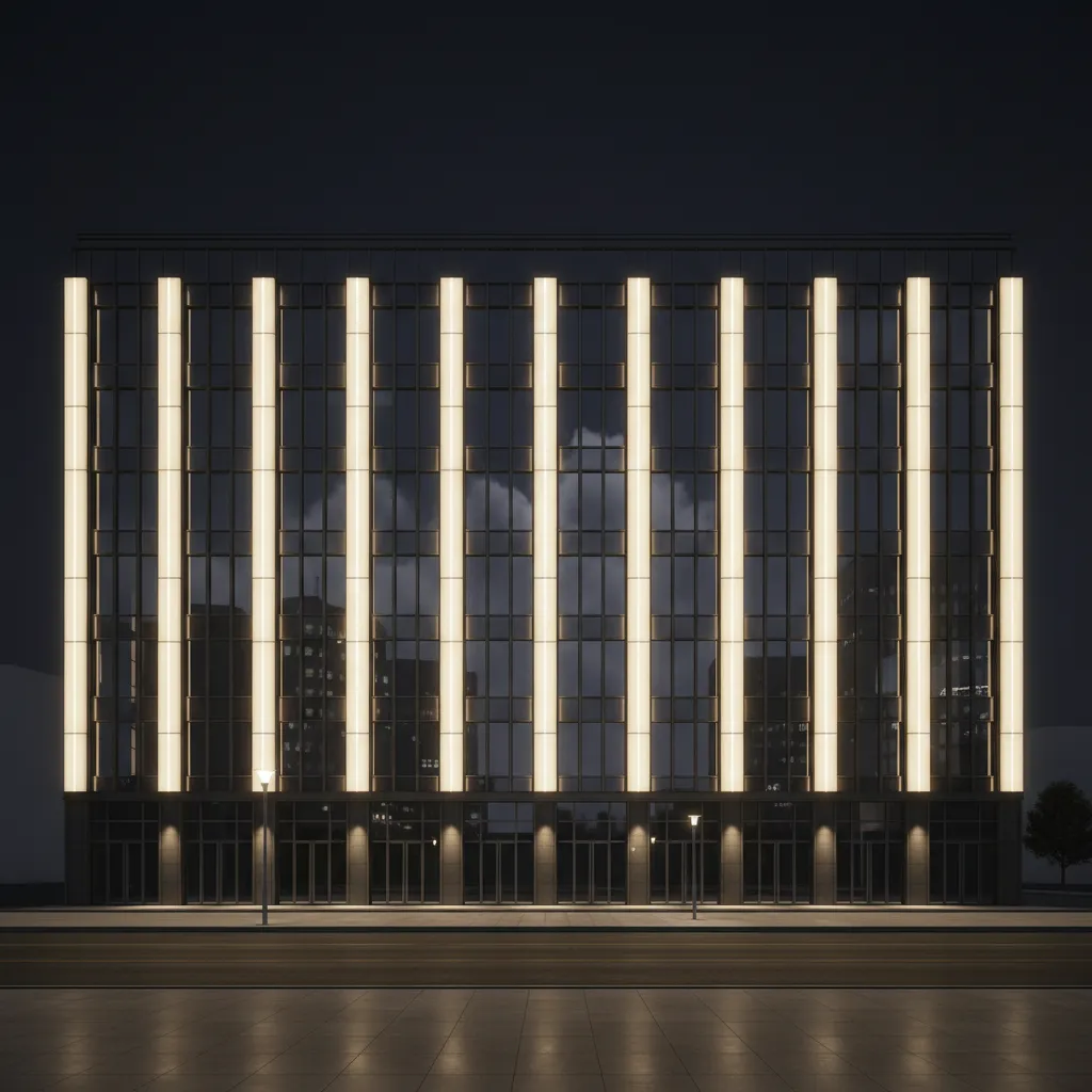 Modern building exterior at night featuring vertical warm yellow light bars and glass window panels