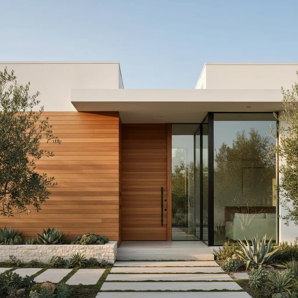 Fachada blanca moderna con detalles de madera natural