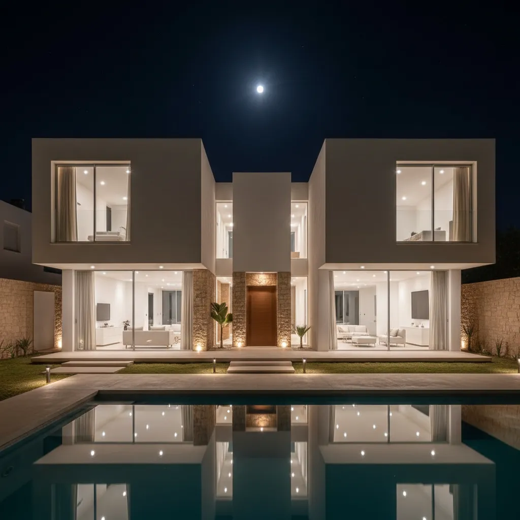 Fachada blanca moderna iluminada por la noche