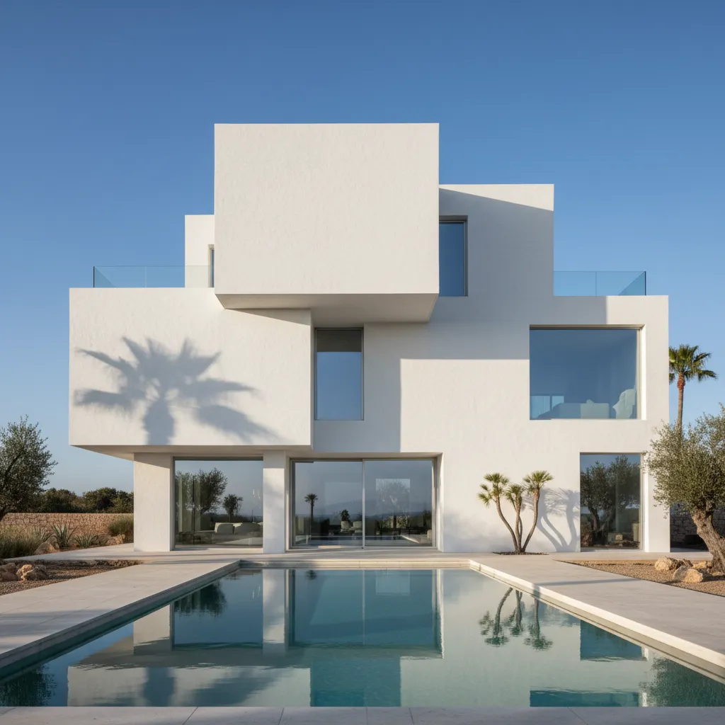 Casa mediterránea moderna con volúmenes blancos y grandes ventanales