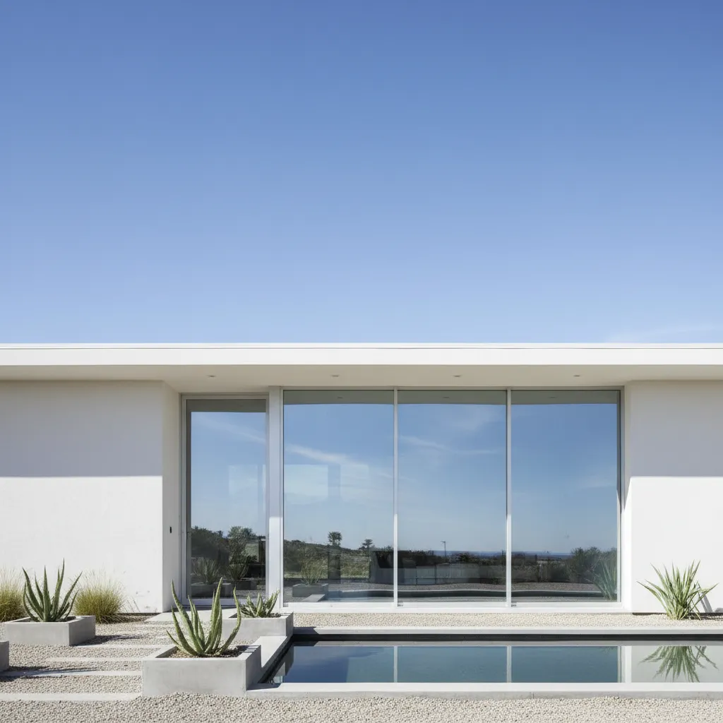 Casa moderna blanca de una planta con diseño minimalista