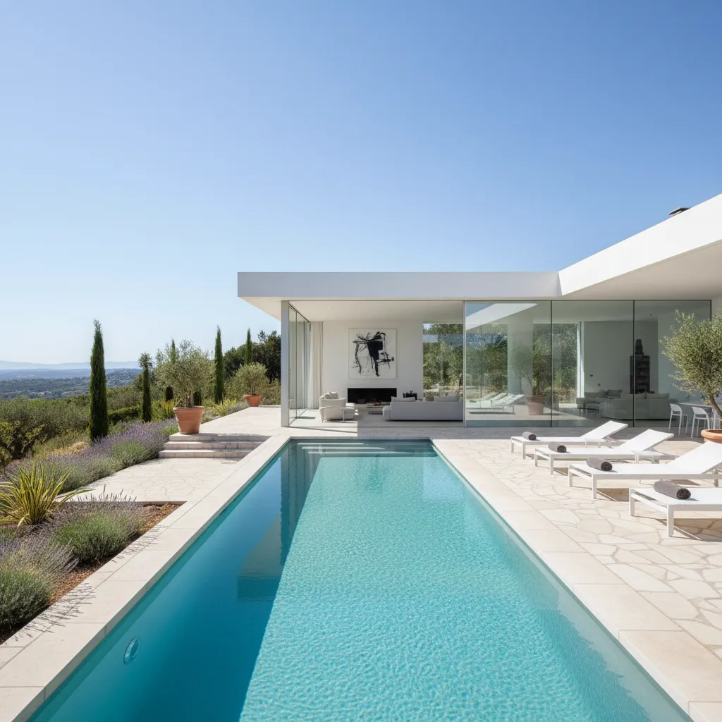 Fachada blanca moderna con piscina rectangular frente al salón