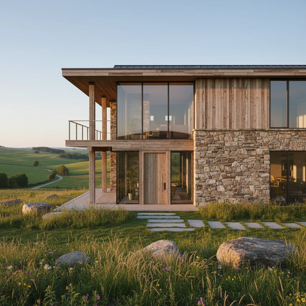 Casa campestre moderna combinando piedra, vidrio y madera