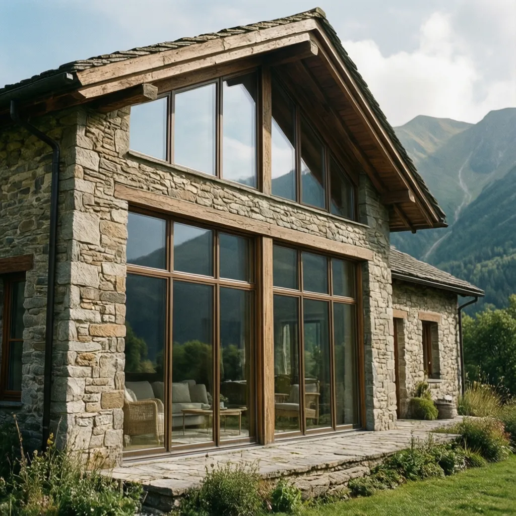Fachada de casa rural construida con piedra natural y ventanas grandes