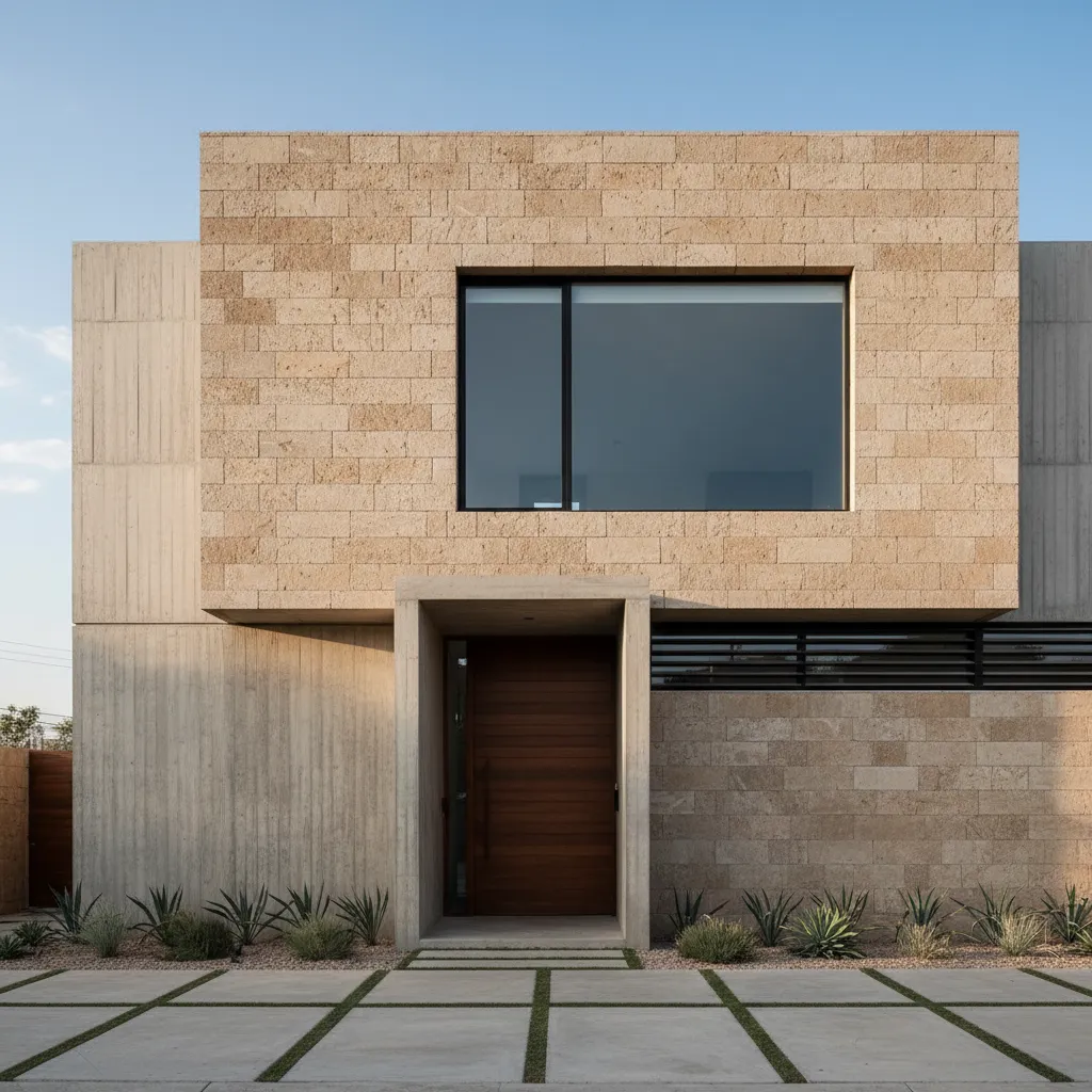 Casa moderna que mezcla cantera con concreto aparente