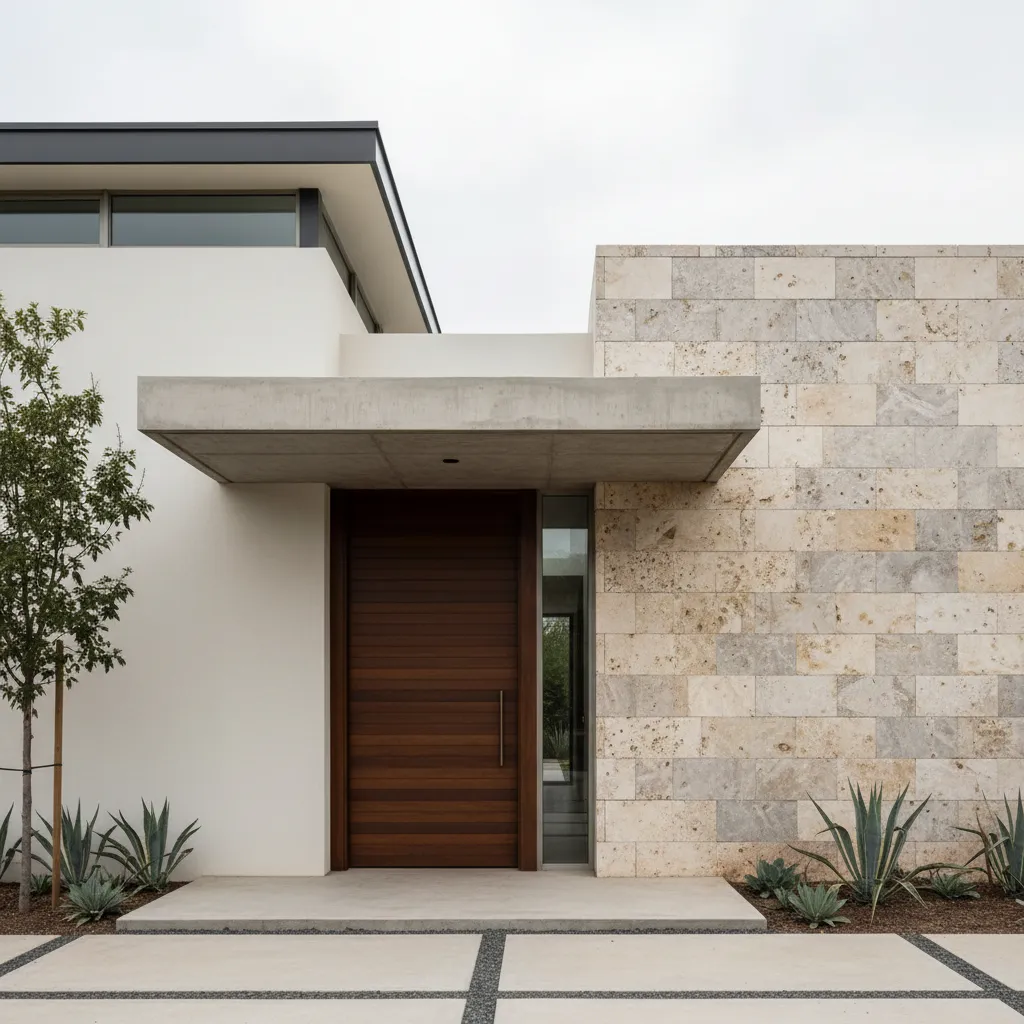 Casa moderna con muro principal de cantera y entrada minimalista