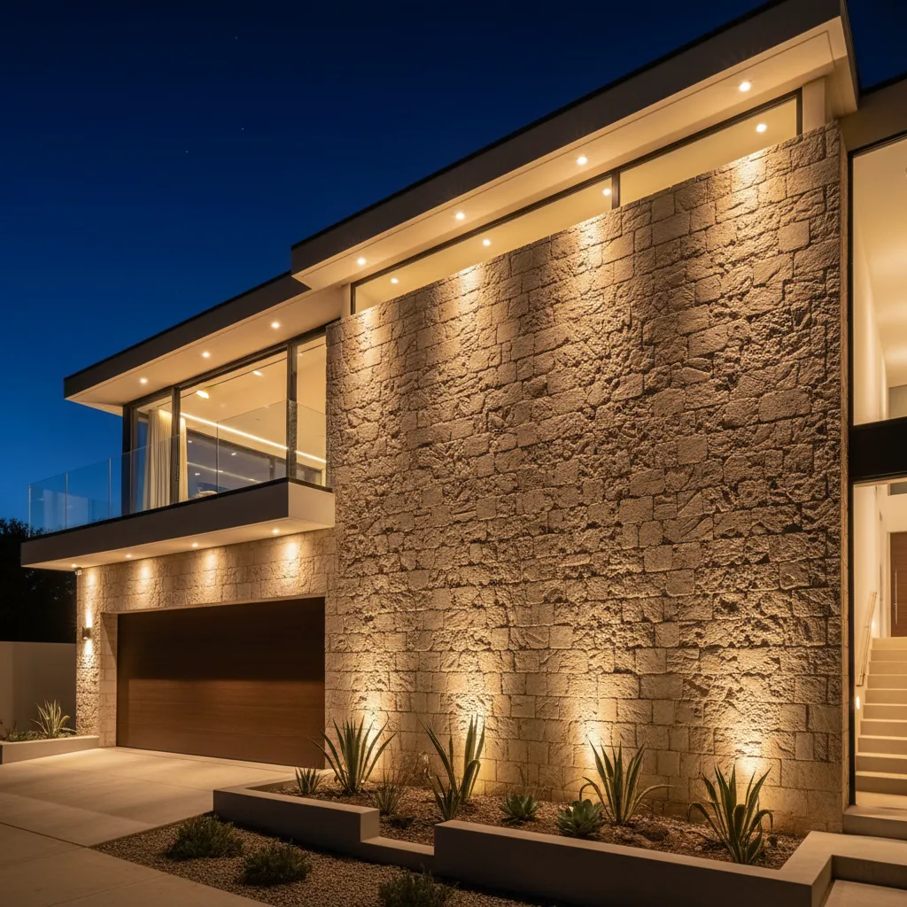 Fachada de casa con cantera iluminada por luces exteriores