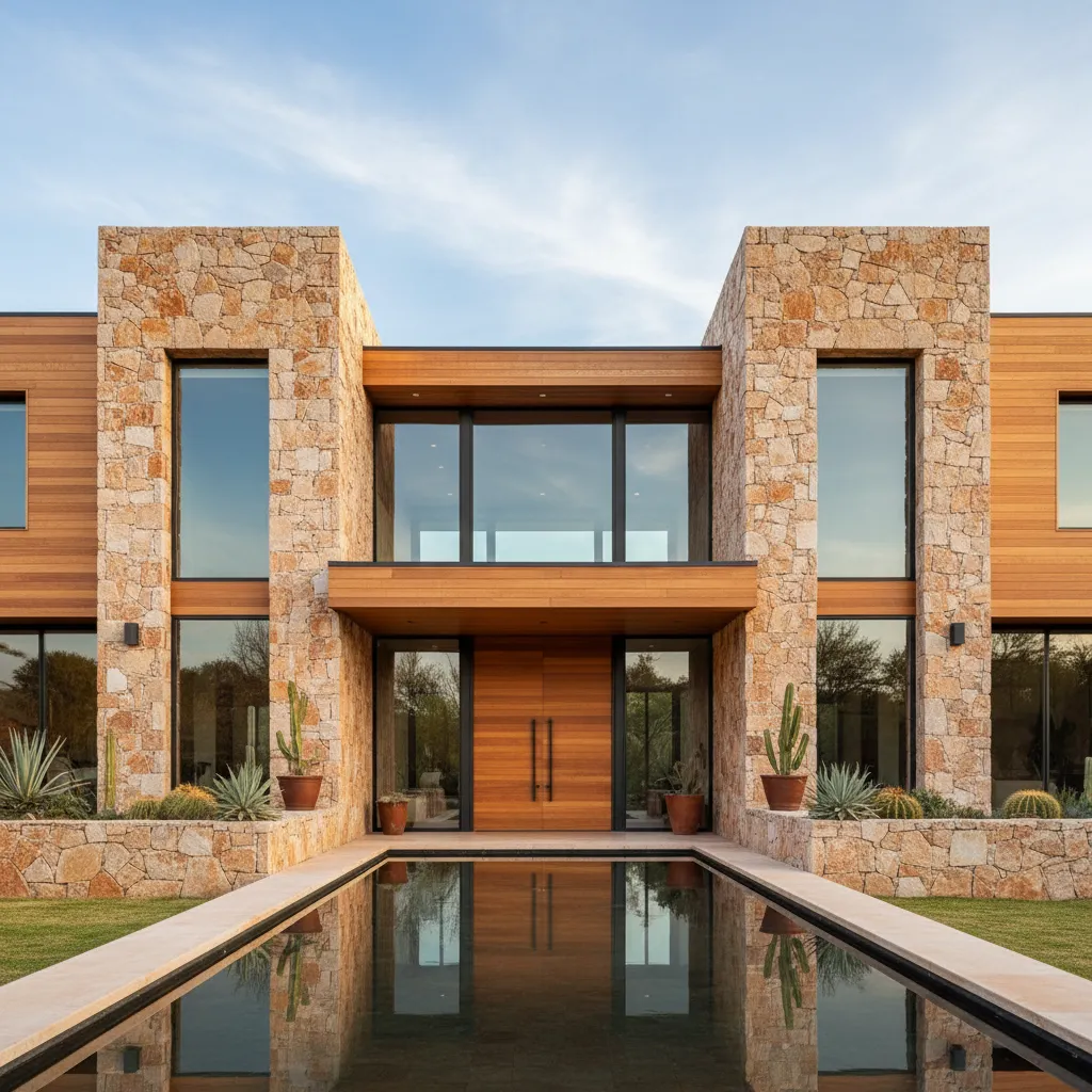Fachada de casa que combina cantera con paneles de madera