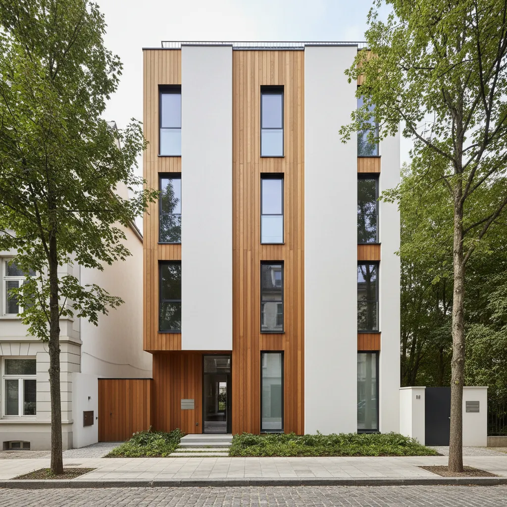 Symmetrical modern apartment building with white and wood wall panels surrounded by green leafy trees