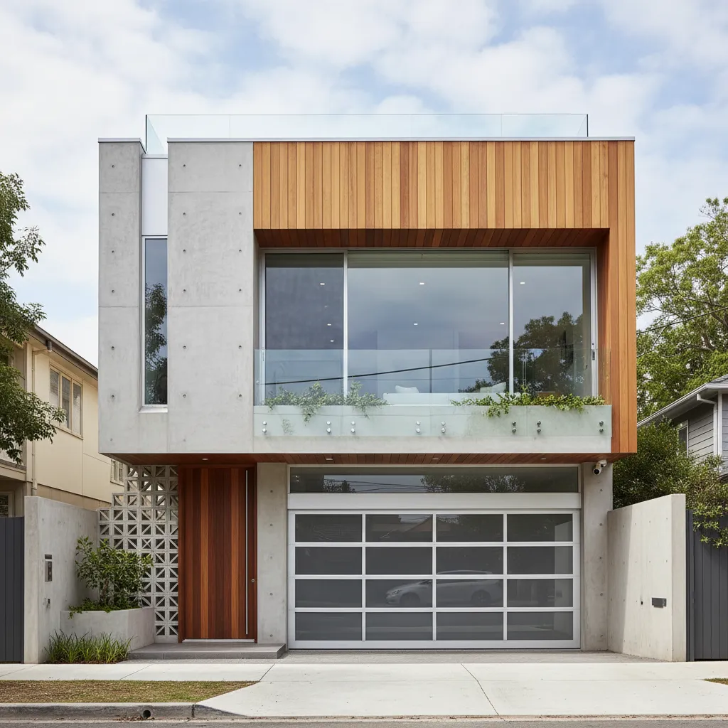 Fachada de casa en terreno 7x15 con cochera frontal