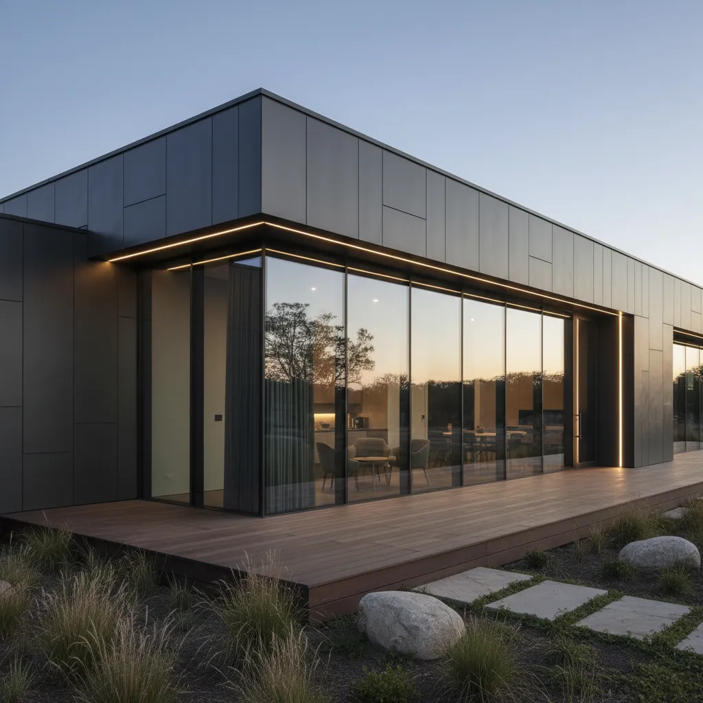 Fachada moderna con acero y vidrio en casa prefabricada
