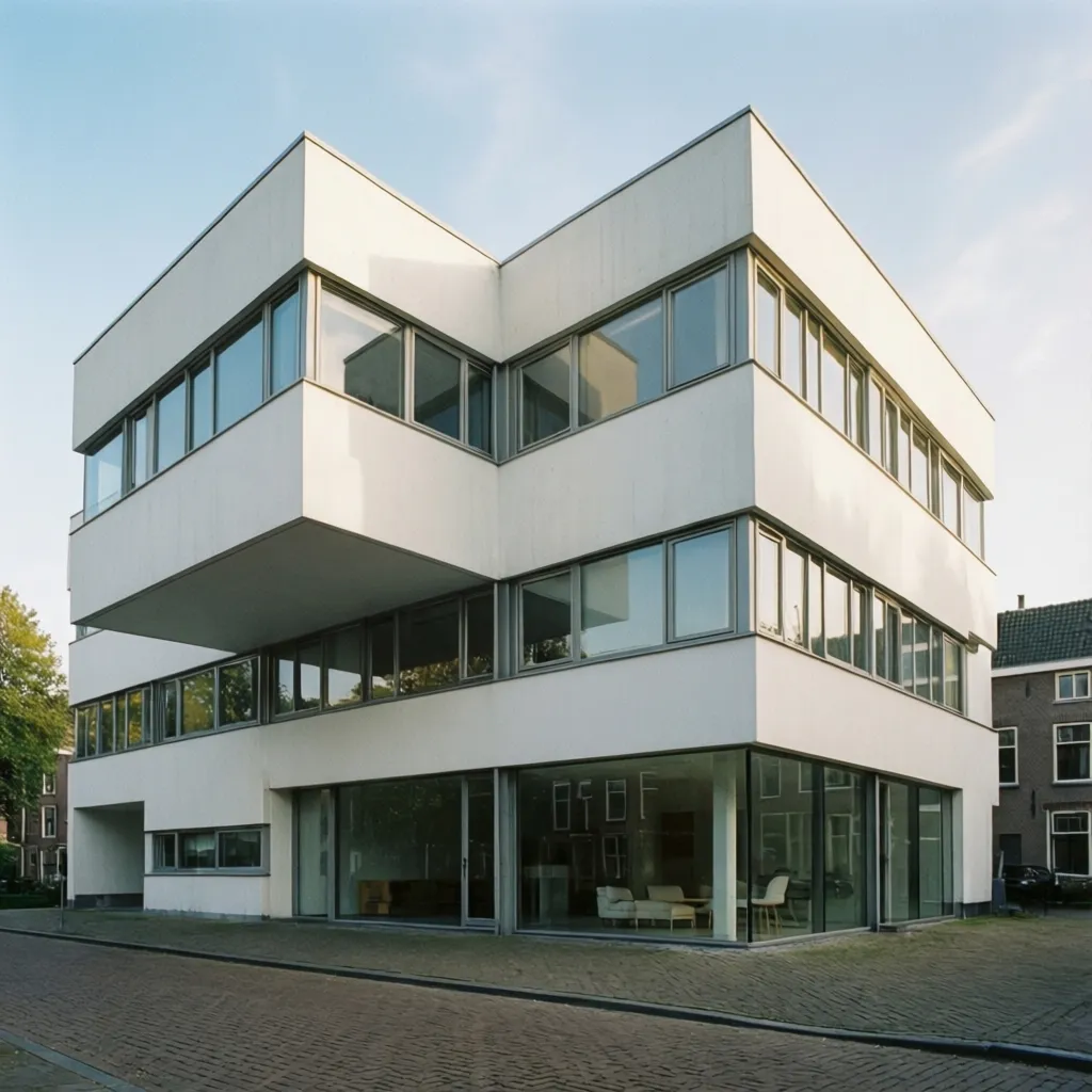 Fachada de casa Bauhaus moderna con volúmenes blancos y ventanas horizontales
