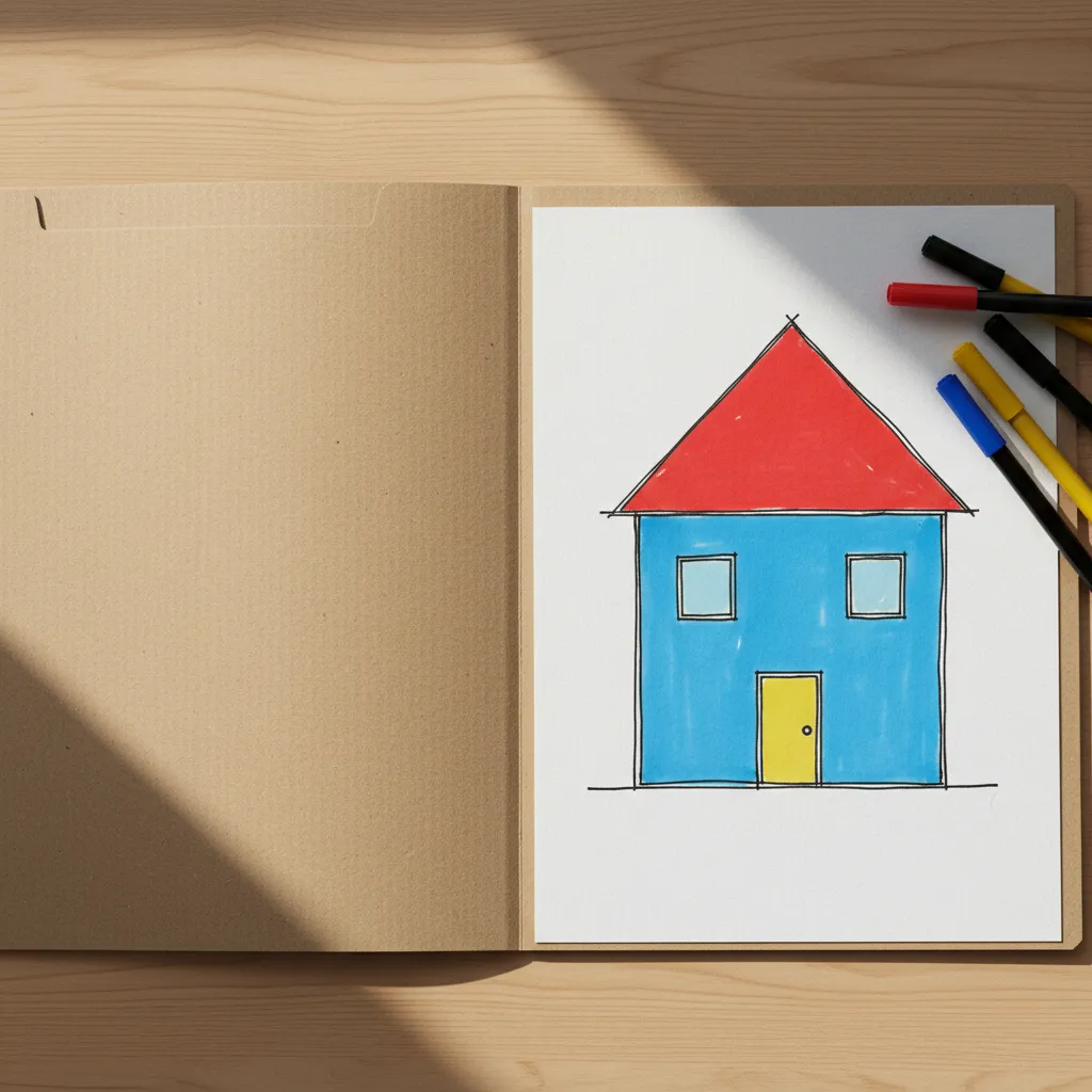 Carpeta decorada con dibujo simple de fachada de casa con ventanas y techo triangular
