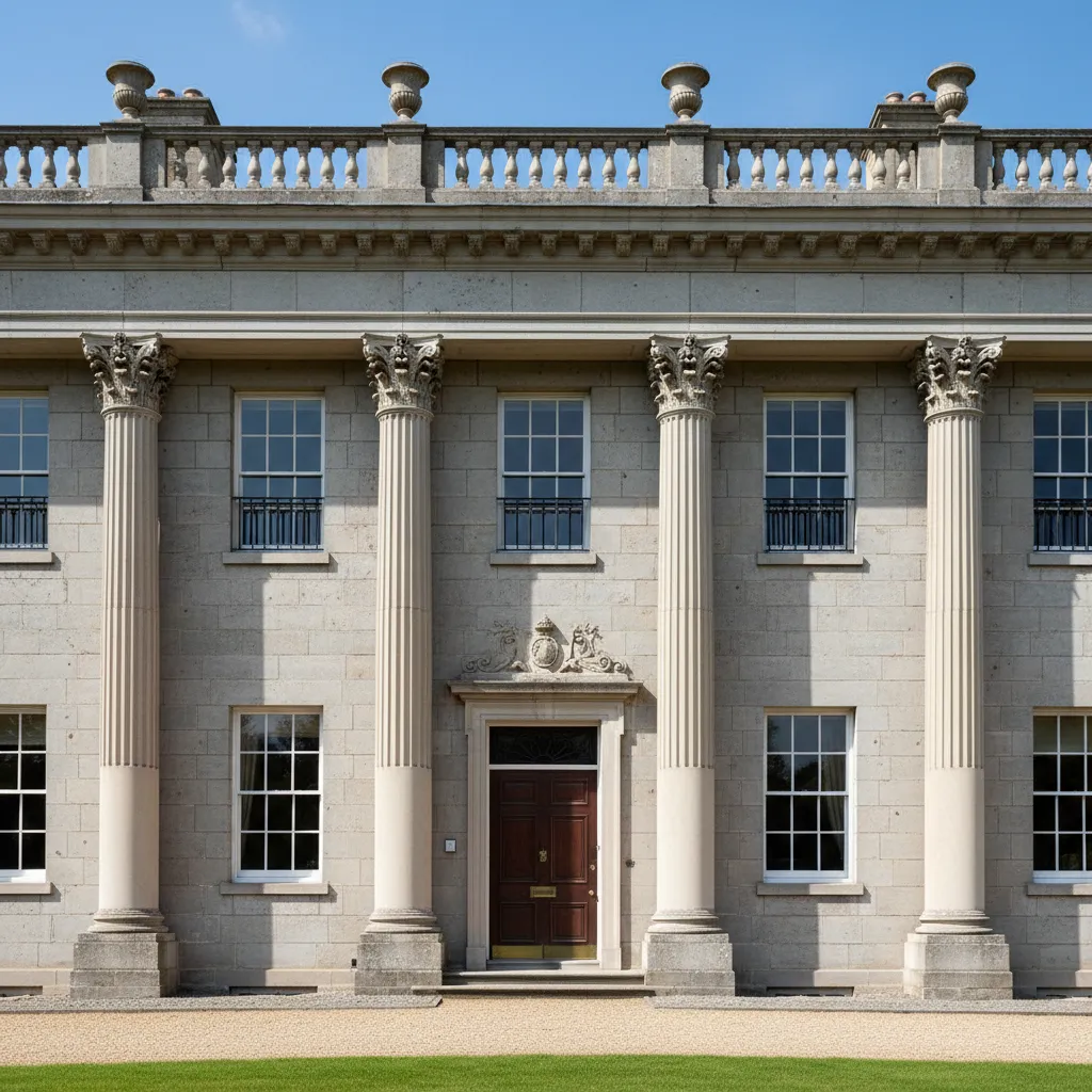 Classical stone building exterior with four large white columns windows and a central dark door