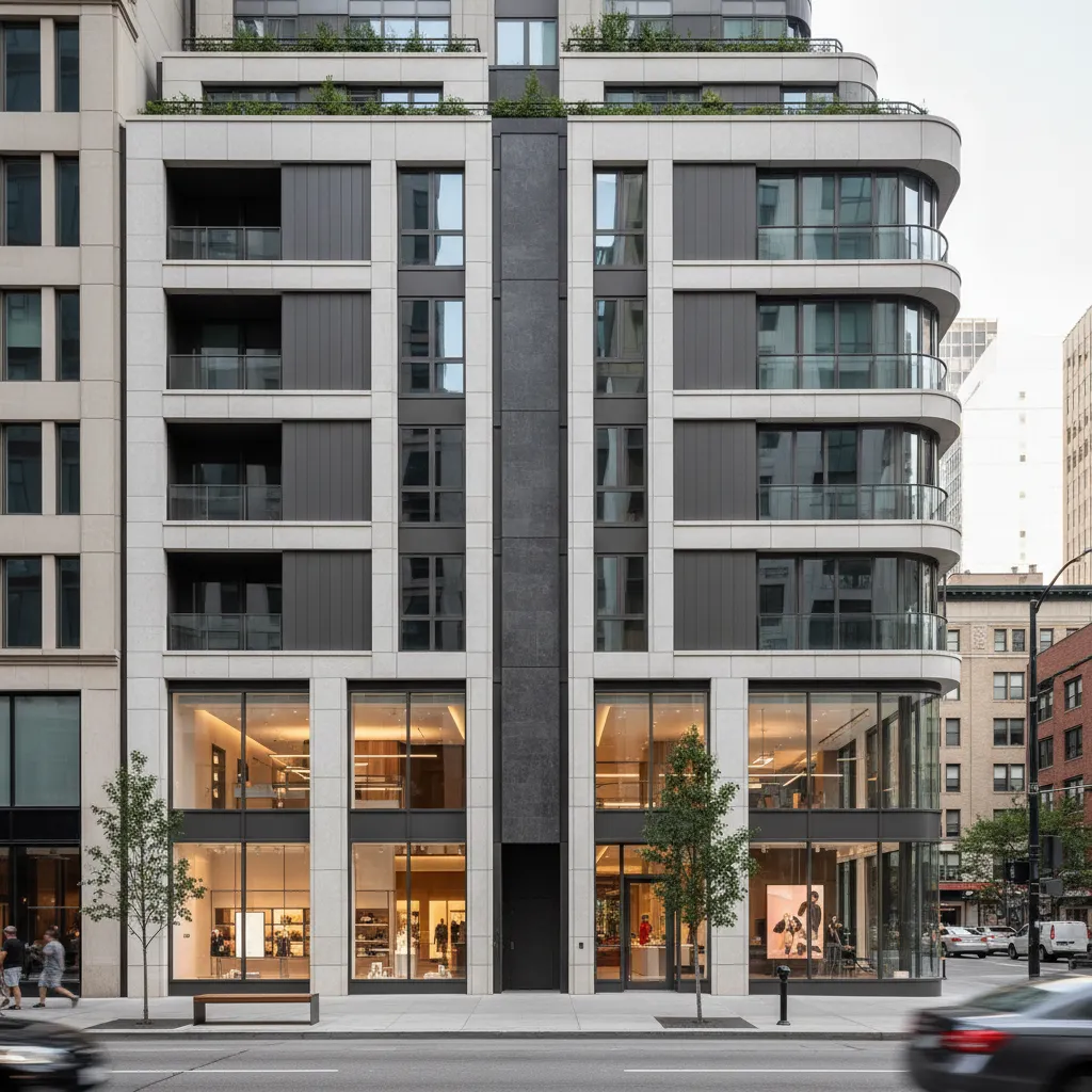 Fachada moderna con escaparate comercial abajo y ventanas residenciales arriba